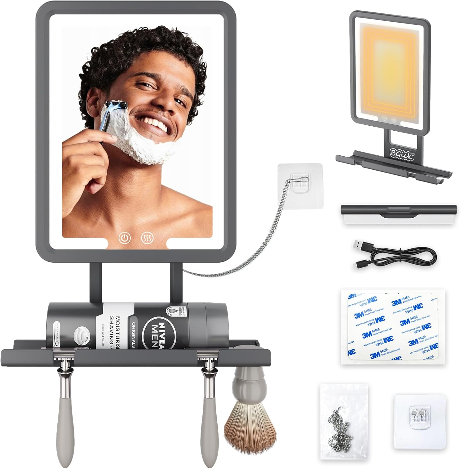 Lighted Anti-Fog Shower Mirror for Shaving – 3 Color Modes Dimming Fogless with Light, 360°Rotation, Rechargeable Shower Mirror with Storage Tray & Razor Holders & Shaving Brush Holders (Black) Lighted Anti-Fog Shower Mirror for Shaving – 3 Color Modes Dimming Fogless with Light, 360°Rotation, Rechargeable Shower Mirror with Storage Tray & Razor Holders & Shaving Brush Holders (Black)