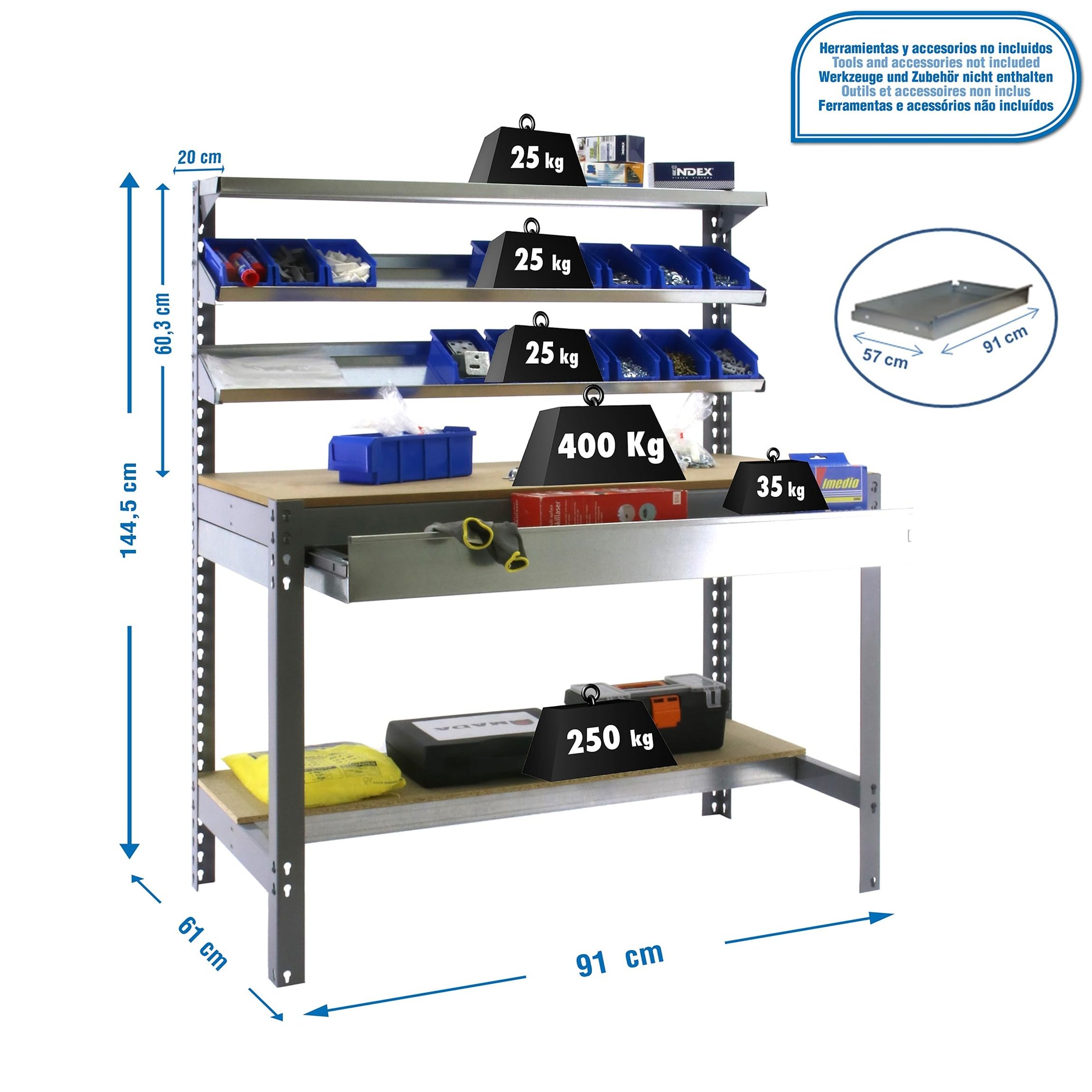 Simon Rack Banco de Trabajo con 3 repisas y cajón 910x610 mm - BT1 | Capacidad Carga 400 kg, Pintura anticorrosión, Gris , Montaje sistema clic