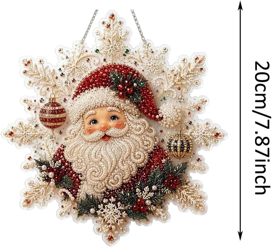 Christmas Pearl Diamond Art Painting Suncatcher Kit, DIY Craft | Pre-Assembled Metal Chain, Acrylic Snowflake Shape Board with Lace Edge, 3D Mixed-Sized Pearl Beads Craft