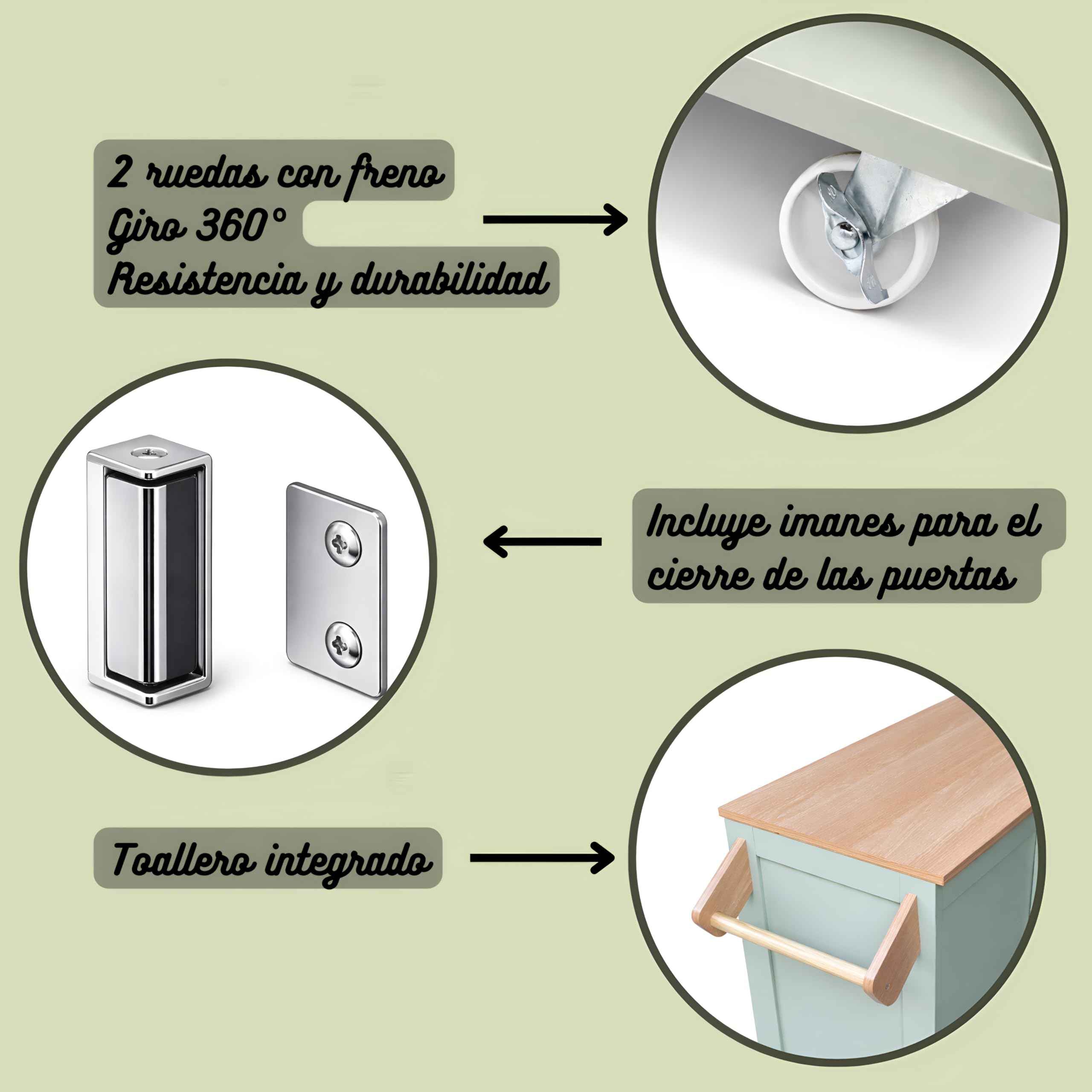 Isla de Cocina con Ruedas, Carrito de Cocina de Madera Verde, Mueble Desayunador Pequeño Auxiliar con Encimera Extensible, Armario Móvil para Cafetera y Microondas