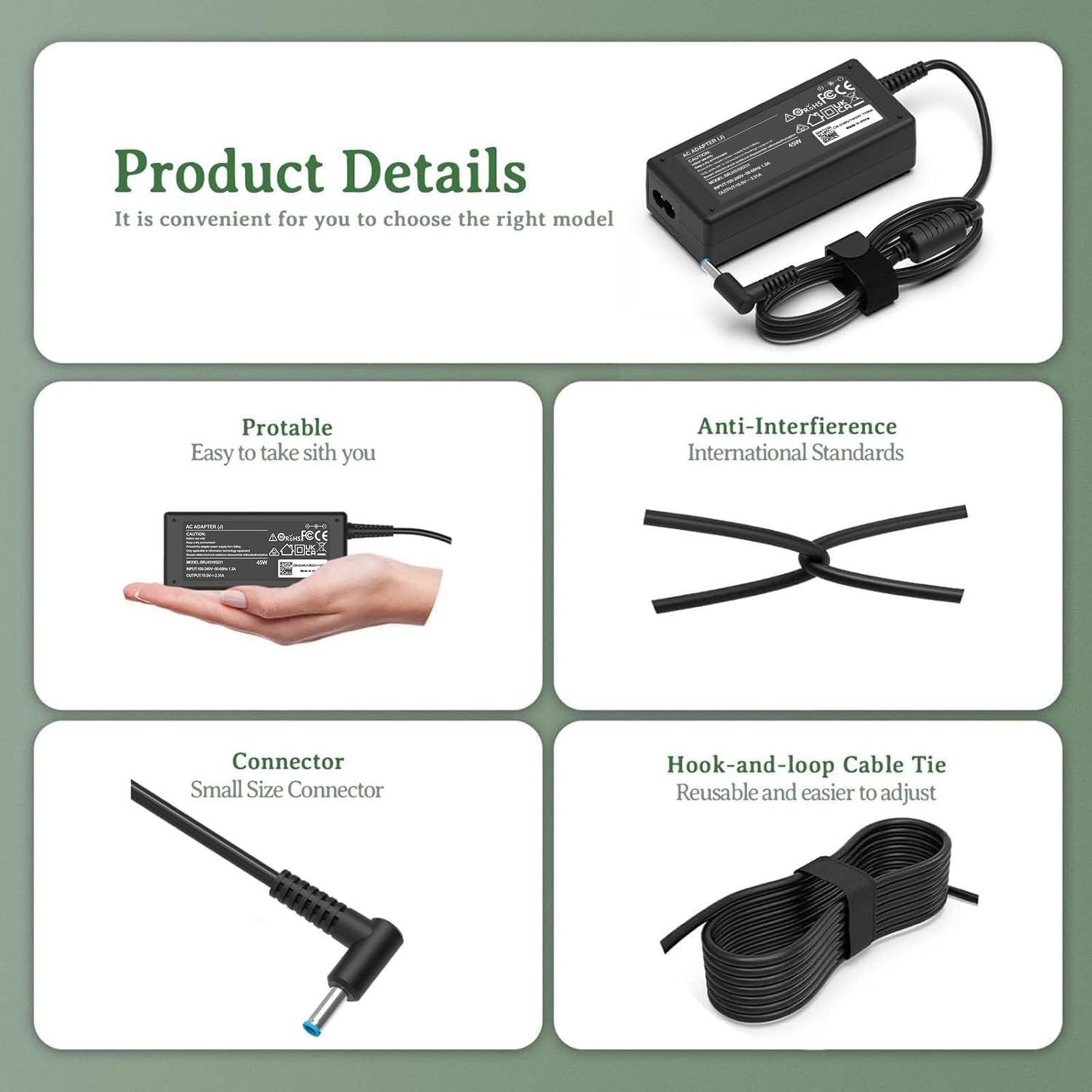 Caricatore per HP，Alimentatore 45W per Hp Elitebook 840 830 850 Pavilion 11 13 15 Stream Probook 430 440 450 240 250 255 Cavo Alimentazione Punta blu (4,5 * 3,0 mm)