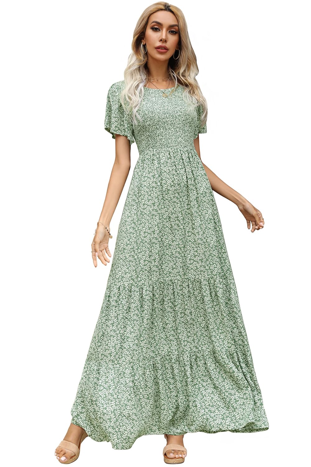 Kranda Women 2025 Summer Fall Crewneck Short Sleeve Smocked Floral Maxi Dress