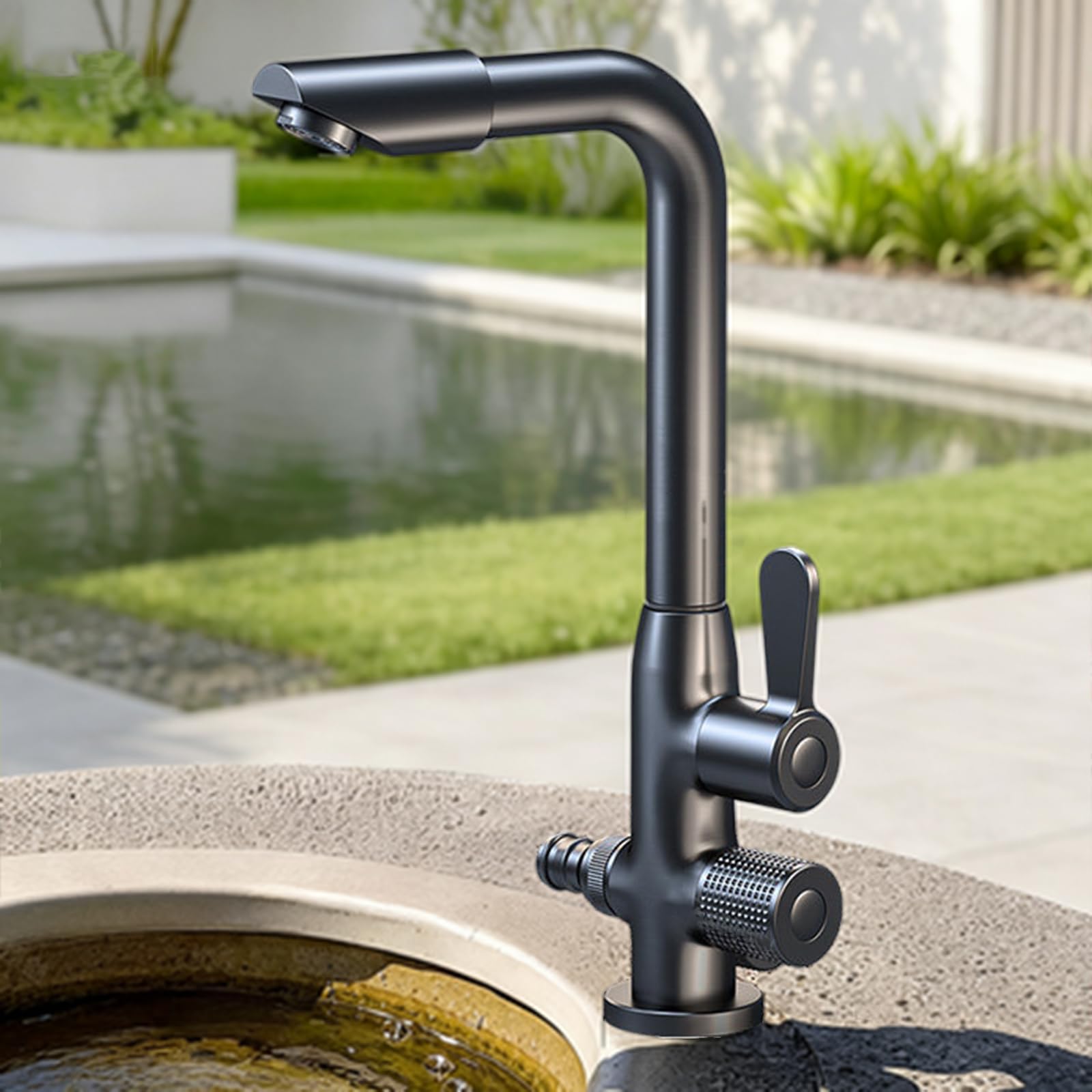 Grifo Exterior Doble Salida Giratorio 360° 1/2 conector Manguera Grifo Fregadero Exterior Solo Agua Fria Instalación De Un Solo Orificio,Gris Pistola
