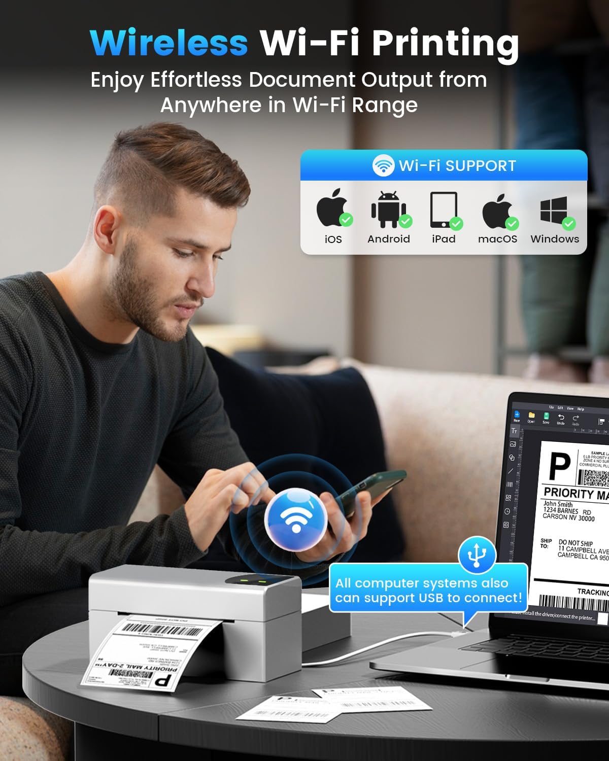 A person using a smartphone to print wirelessly to the Phomemo printer, with icons indicating compatibility with iOS, Android, iPad, macOS, and Windows.