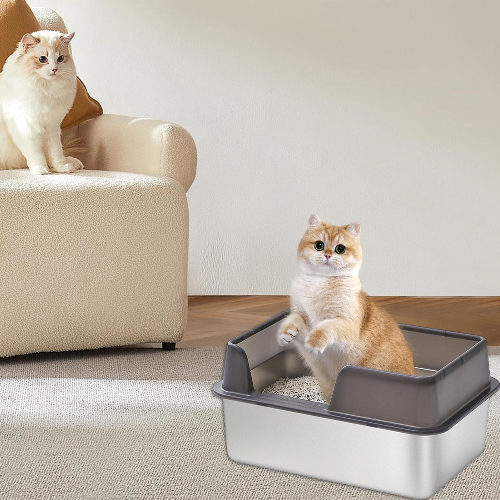 Lettiera per gatti grande, con apertura superiore, in acciaio inox, con lati alti e coperchio rimovibile, per gattini, conigli, furetti, porcellini d'
