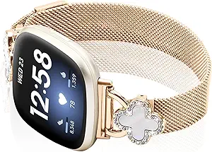 Band Compatible with Fitbit Sense/Sense 2 Versa 3/Versa 4 for Women Stainless Steel Magnetic Strap Adjustable Four Leaf Clover Watch Bands.