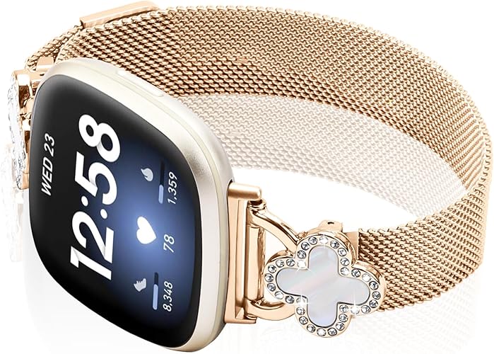 Band Compatible with Fitbit Sense/Sense 2 Versa 3/Versa 4 for Women Stainless Steel Magnetic Strap Adjustable Four Leaf Clover Watch Bands.