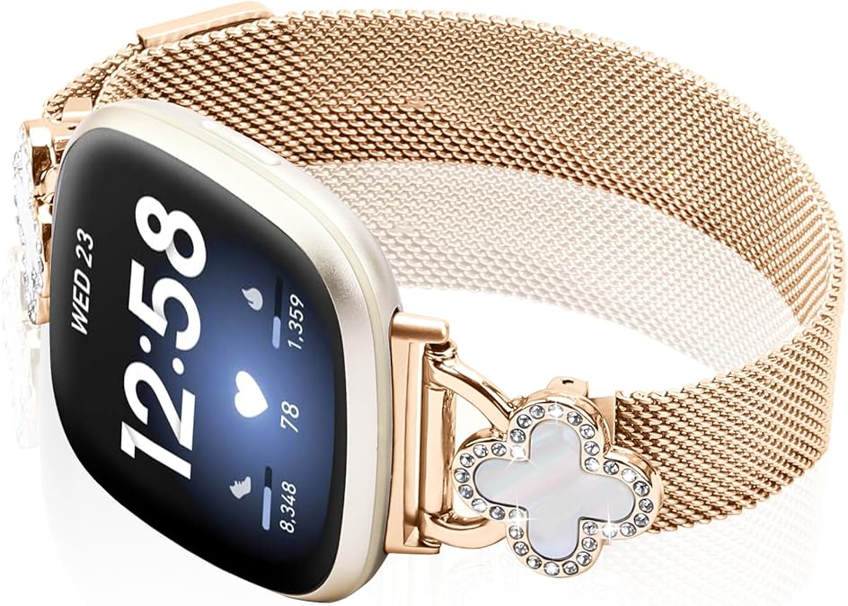 Band Compatible with Fitbit Sense/Sense 2 Versa 3/Versa 4 for Women Stainless Steel Magnetic Strap Adjustable Four Leaf Clover Watch Bands.