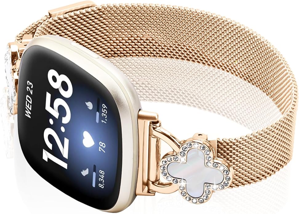 Band Compatible with Fitbit Sense/Sense 2 Versa 3/Versa 4 for Women Stainless Steel Magnetic Strap Adjustable Four Leaf Clover Watch Bands.