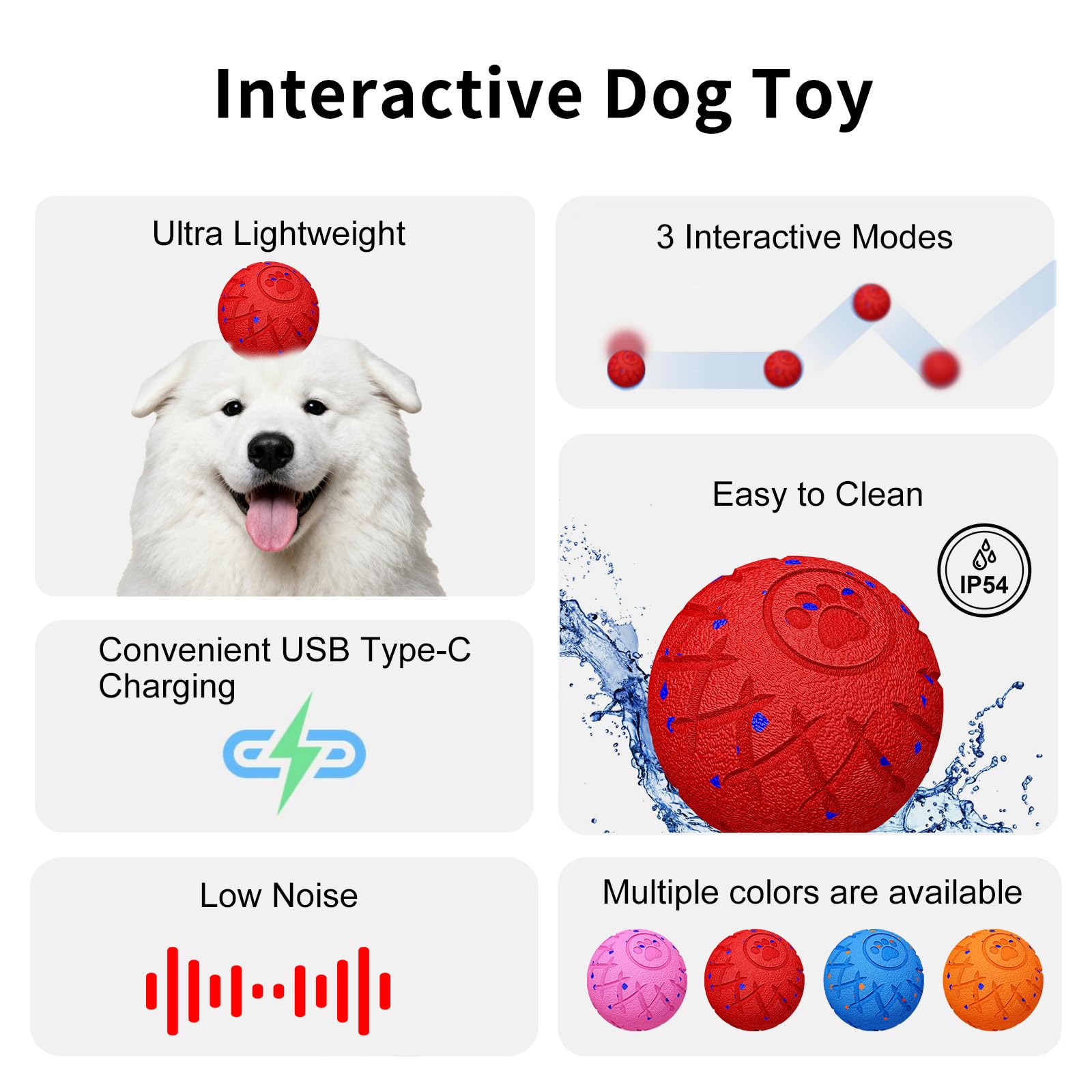 Balle interactive pour chien, mouvement automatique, rebondissement et rotation, indice d'étanchéité IP54, balle roulante active pour chiens de taille moyenne et grande [2025] rechargeable par