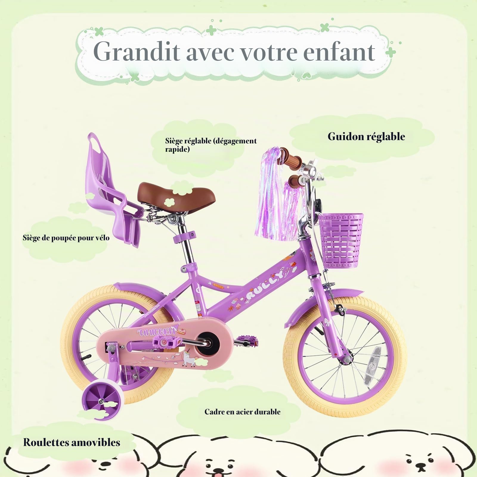 RULLY Vélo Enfant de 16 Pouces pour Filles de 4 à 7 Ans avec Roues stabilisatrices, Frein Avant, Panier, Rubans décoratifs, Violet