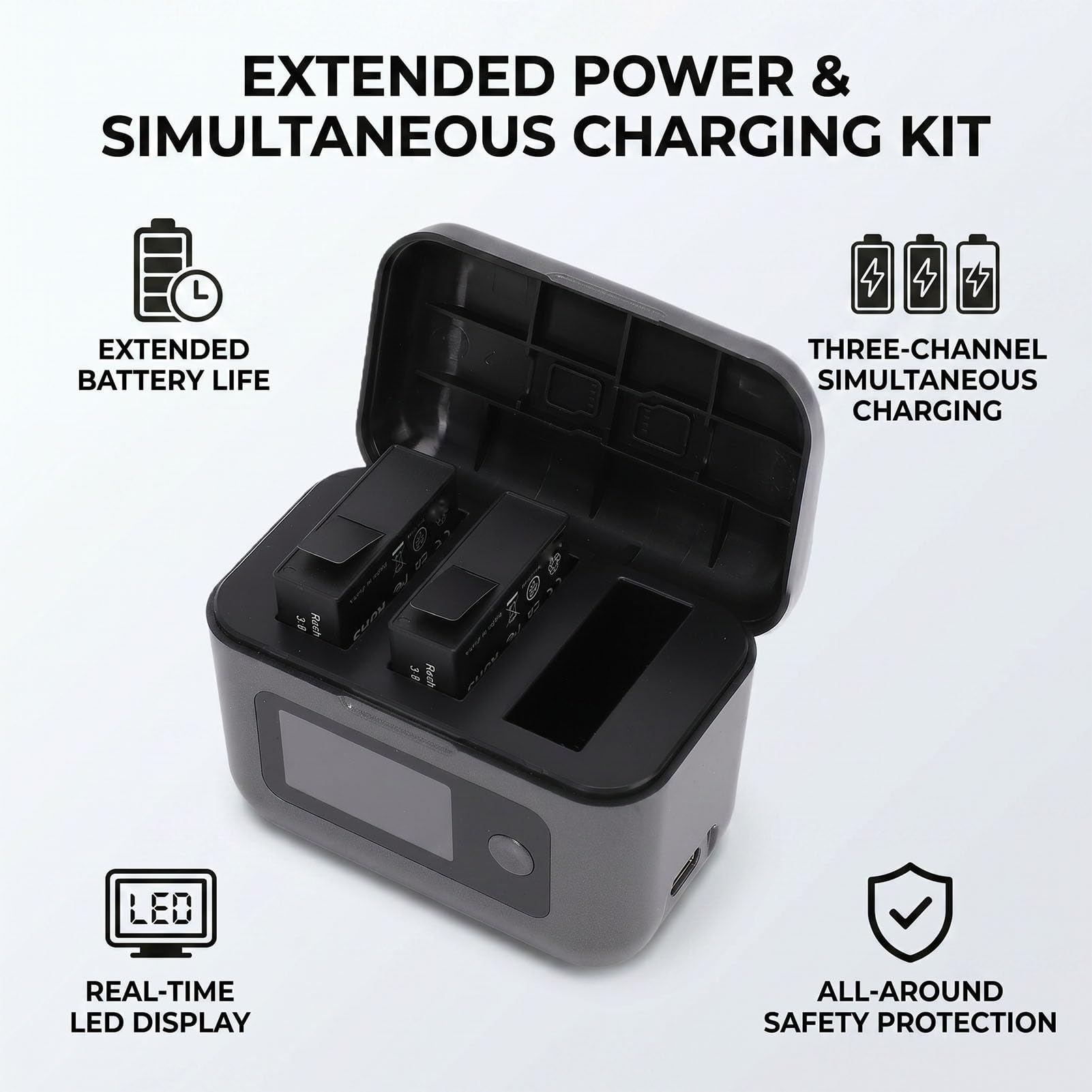 Caricabatterie rapido per action camera 6, 5, Pro, 4, 3 e 360 | Stazione di ricarica e accumulo a 2 canali, con 2 batterie da 2100 mAh, display LCD che mostra il livello della batteria.