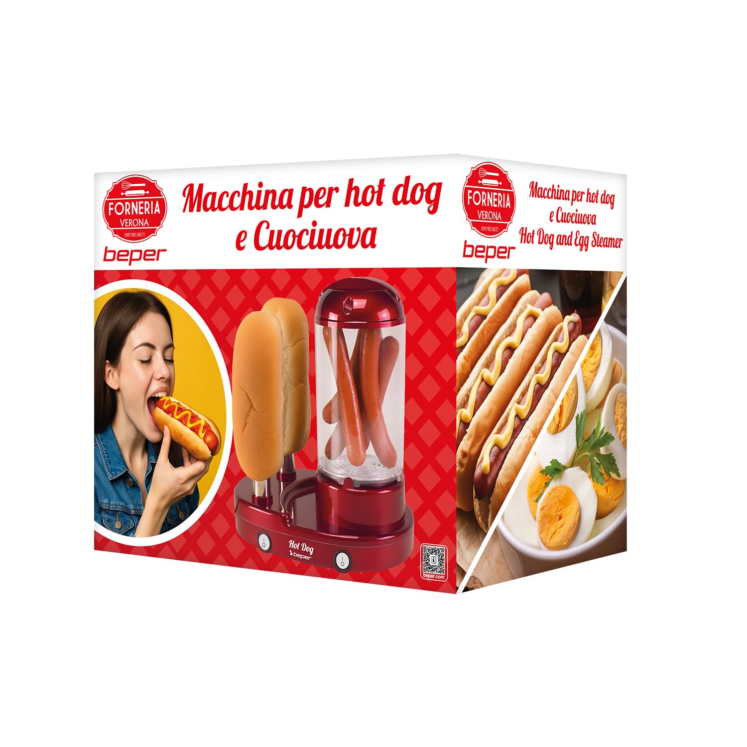 BEPER P101CUD502 Appareil à hot-dogs et cuiseur à œufs 3 en 1, cuiseur vapeur pour saucisses et œufs, chauffe-pains avec 2 résistances en acier inoxydable, 440 W, double interrupteur