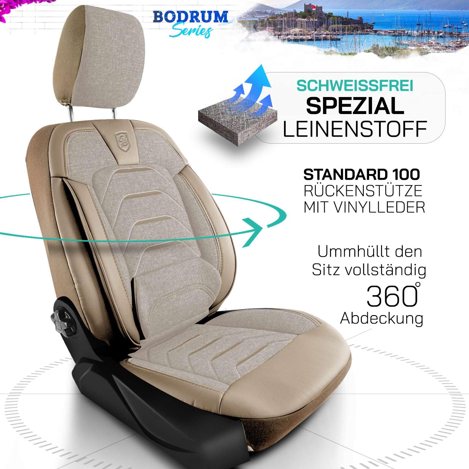 Fundas de asiento universales para coche y SUV - Fundas de asiento premium delanteras de lino, beige, compatibles con airbag, funda de asiento para coche, juego completo incl. kit de
