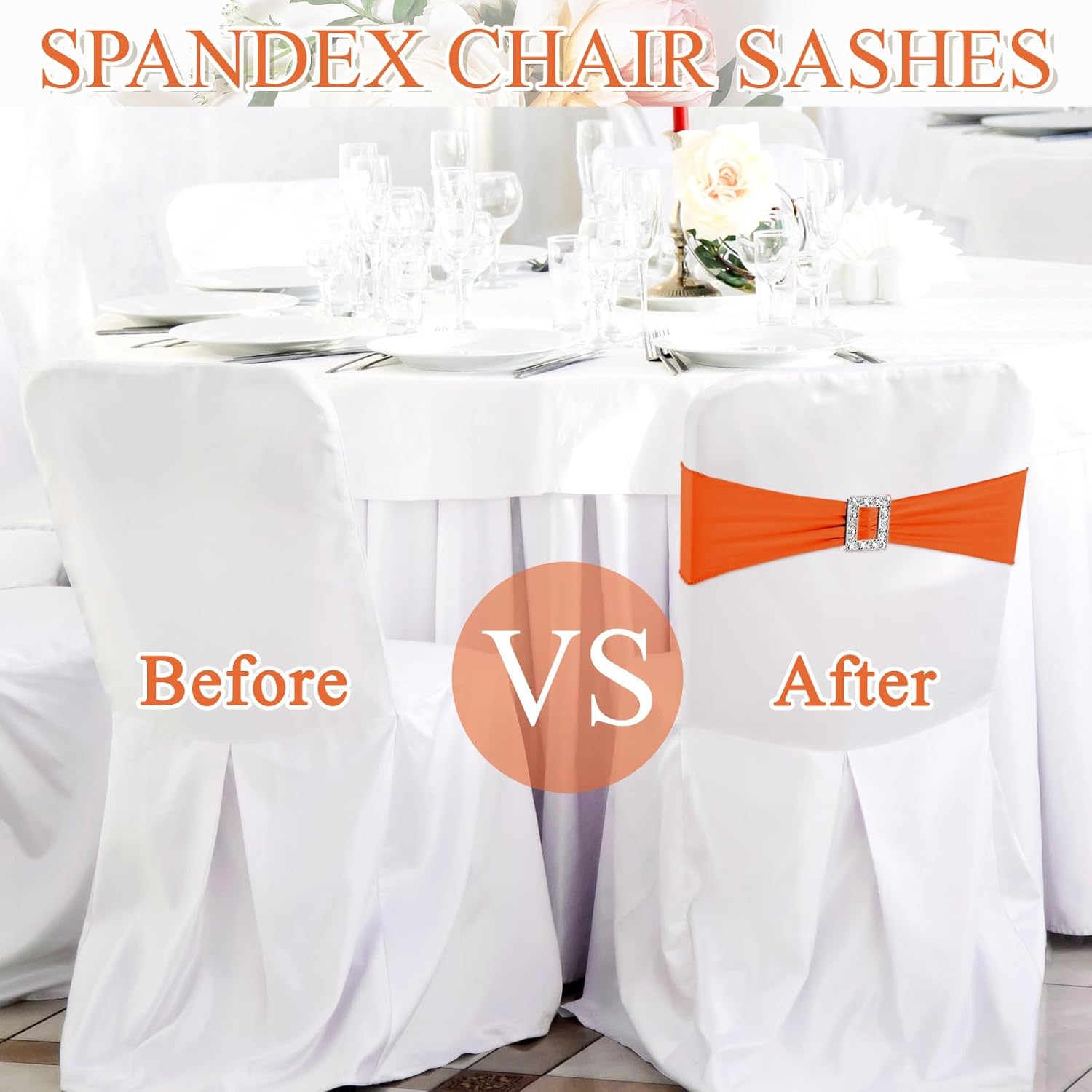 VitalCozy 100 Pcs Spandex Chair Sashes with Square Buckle Slider Stretch Chair Cover Band Universal Elastic Ties Straps Bows for Wedding Banquet Event Party Decoration(Orange)