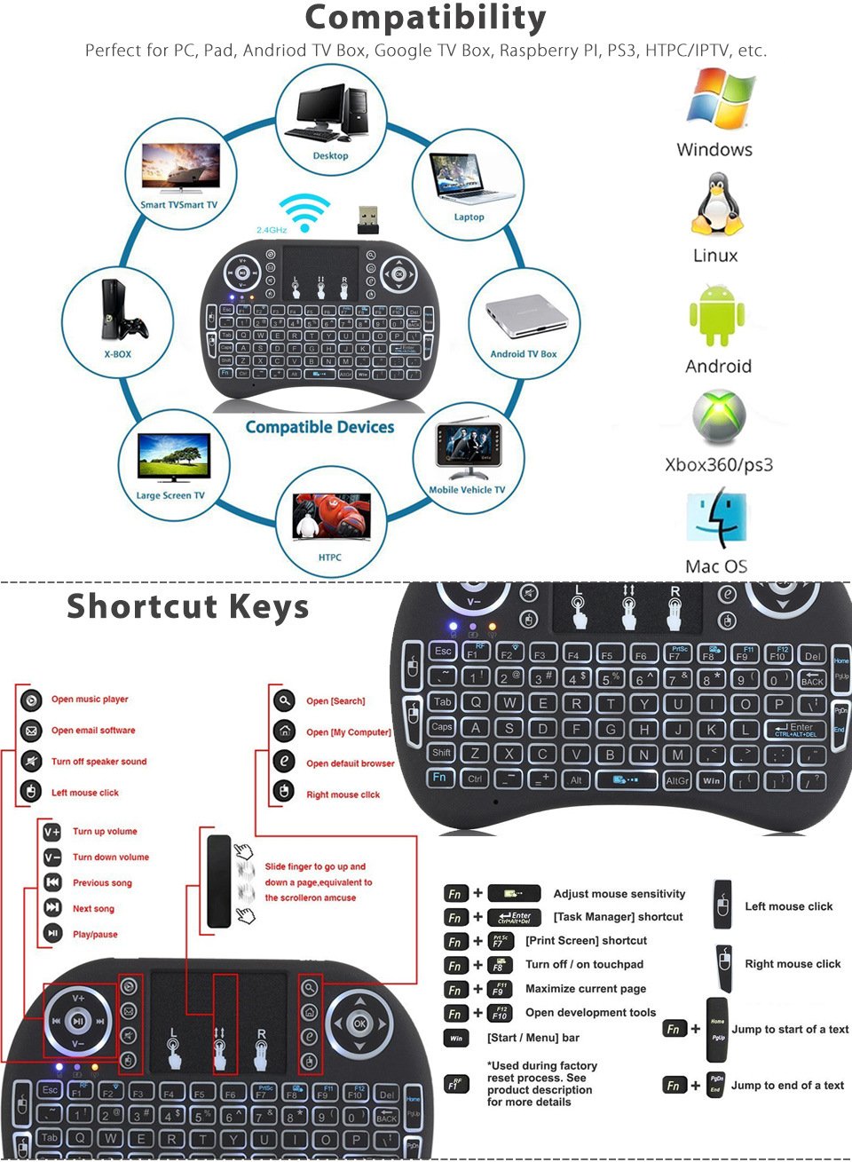 MINI TASTIERA WIRELESS 2.4G mouse touchpad per Android PC Smart TV EUR