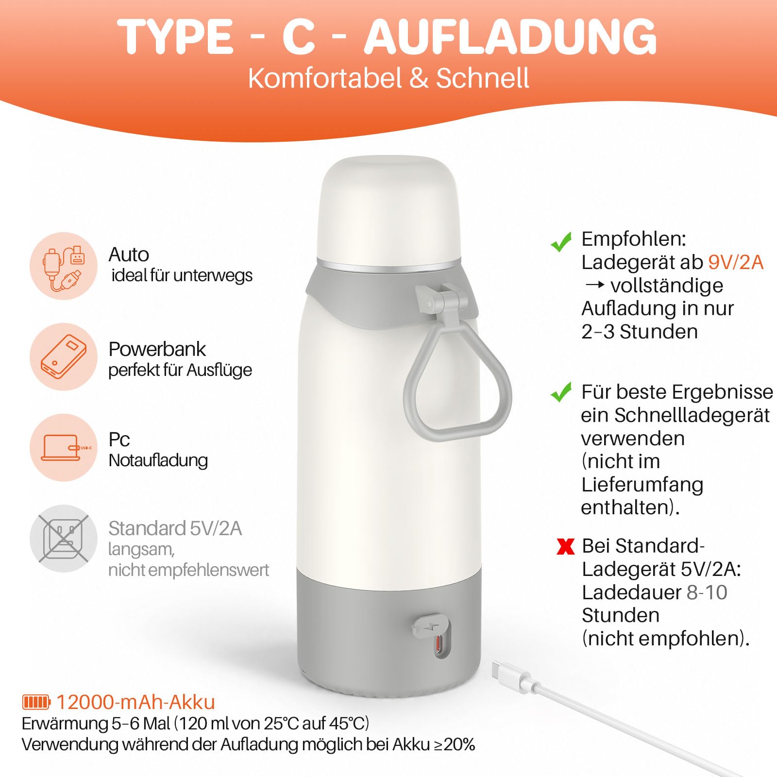 FUNYKICH Tragbarer Flaschenwärmer Baby, 100W Schnelles Erwärmen, 500ml Weiß