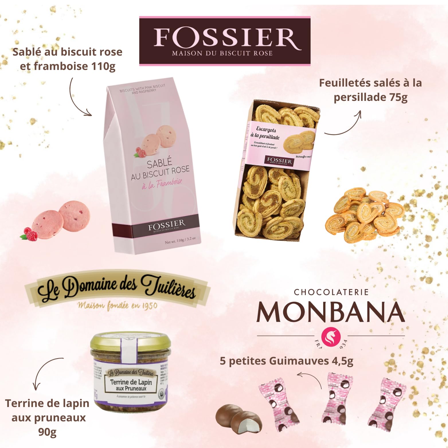 Corbeille FOSSIER-MONBANA : biscuits, guimauves, Terrine et Feuilletés | Terrine, feuilletés salés et biscuits roses de Reims Fossier - cadeau fête des Mères, fête des Pères, anniversaire, femme