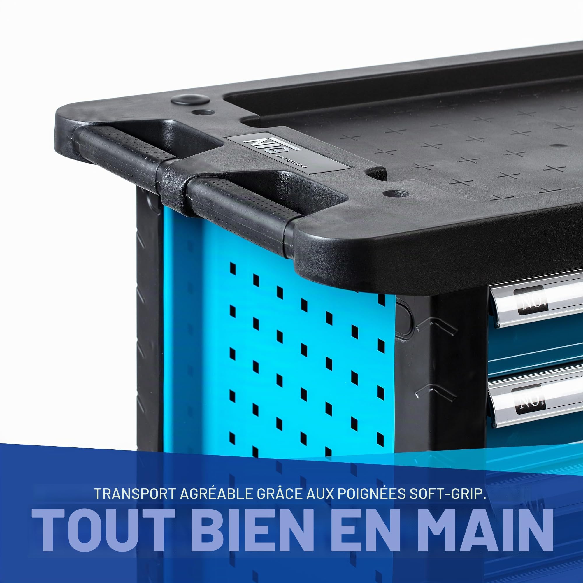 Chariot à Outils - Boîte à Outils + Outils - 220 pièces - avec 6 tiroirs Dont 4 avec Outils - Verrouillable - Tiroirs à roulement à Billes - 2 roulettes pivotantes - Frein de stationnement