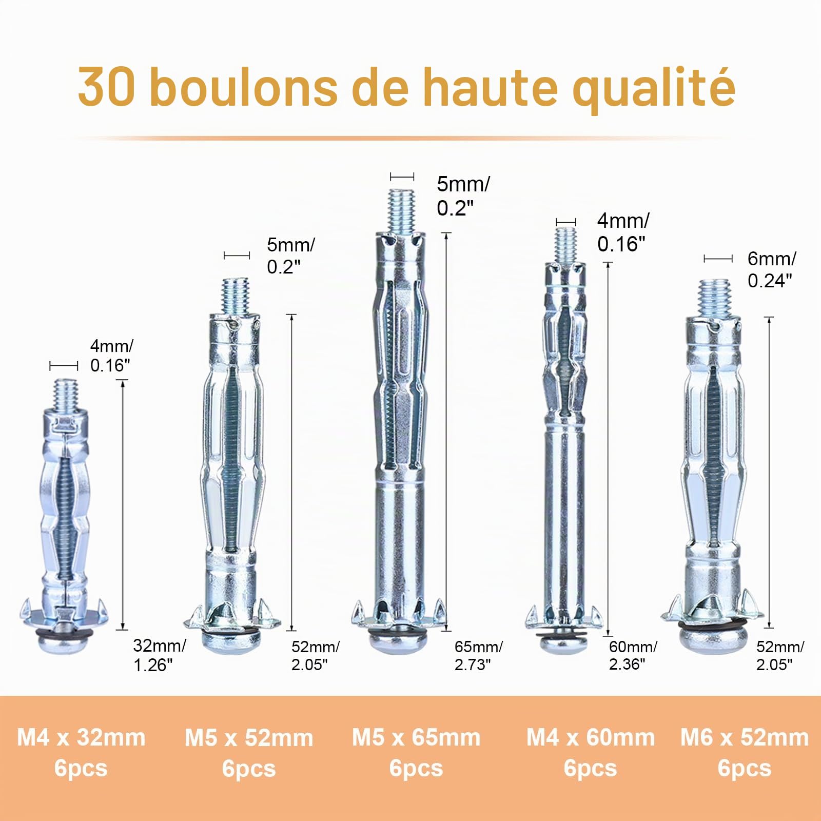 MOWIS Kit Cheville Molly Pince Métalliques à Expansion Trousse d'outils de réglage en métal d'ancrage mural creux avec 30 Cheville Molly, Pince Professionnel Convient à M3/M4/M5/M6/M8
