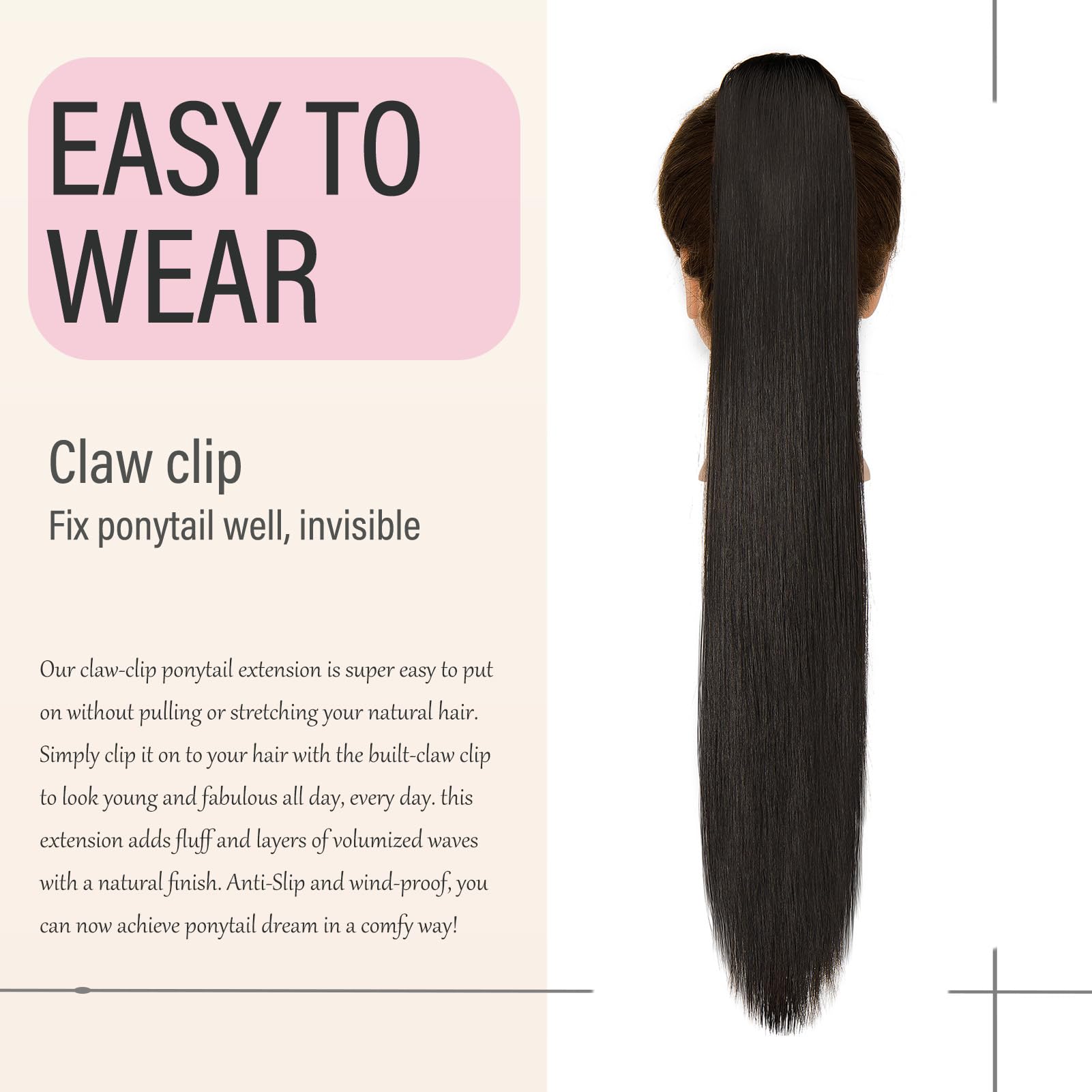 Dcbaboo 22inch Claw Clip in Ponytail Hair Extensions Long Straight Ponytail Extension Synthetic Pony tails Natural Wave One Piece Hairpiece Fake Ponytail for Women Dark Brown - Image 4