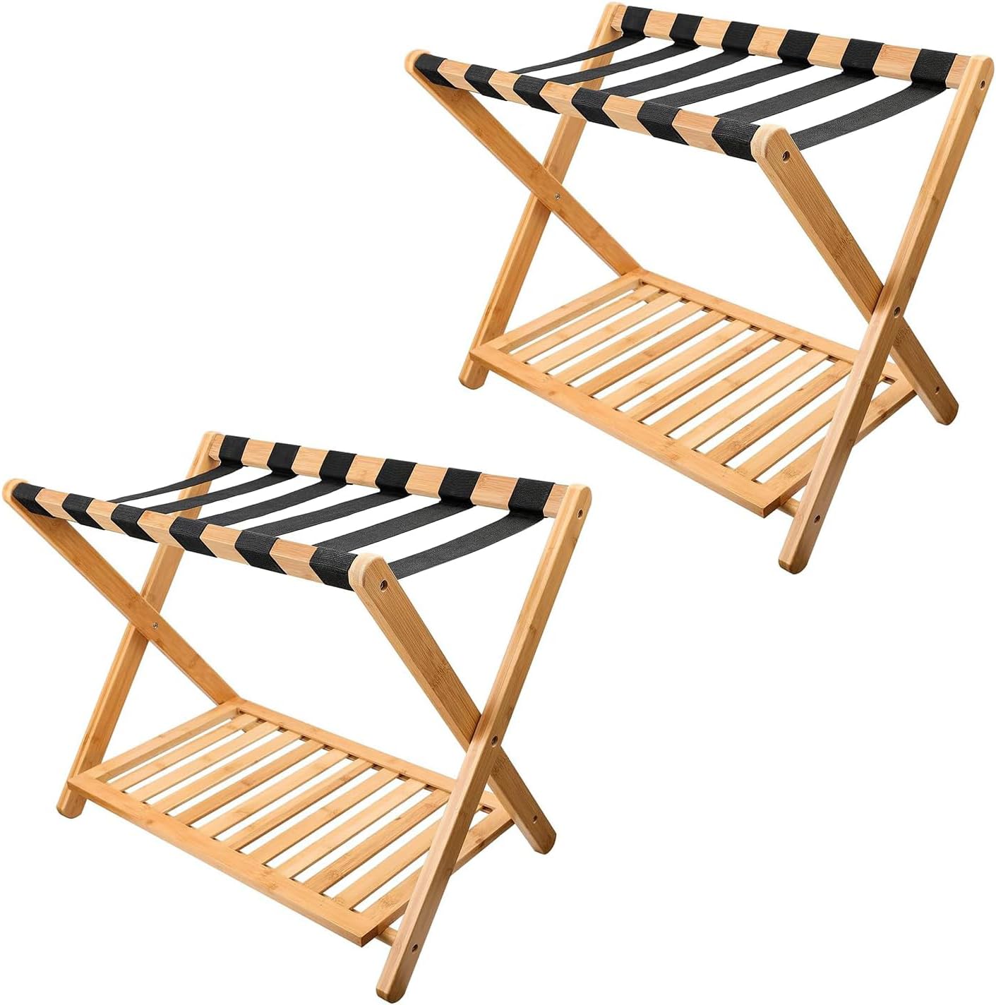WRONWA Luggage Rack Set of 2, Folding Luggage Rack for Guest Room,Suitcase Stand with Storage Shelf, Bamboo Luggage Stand