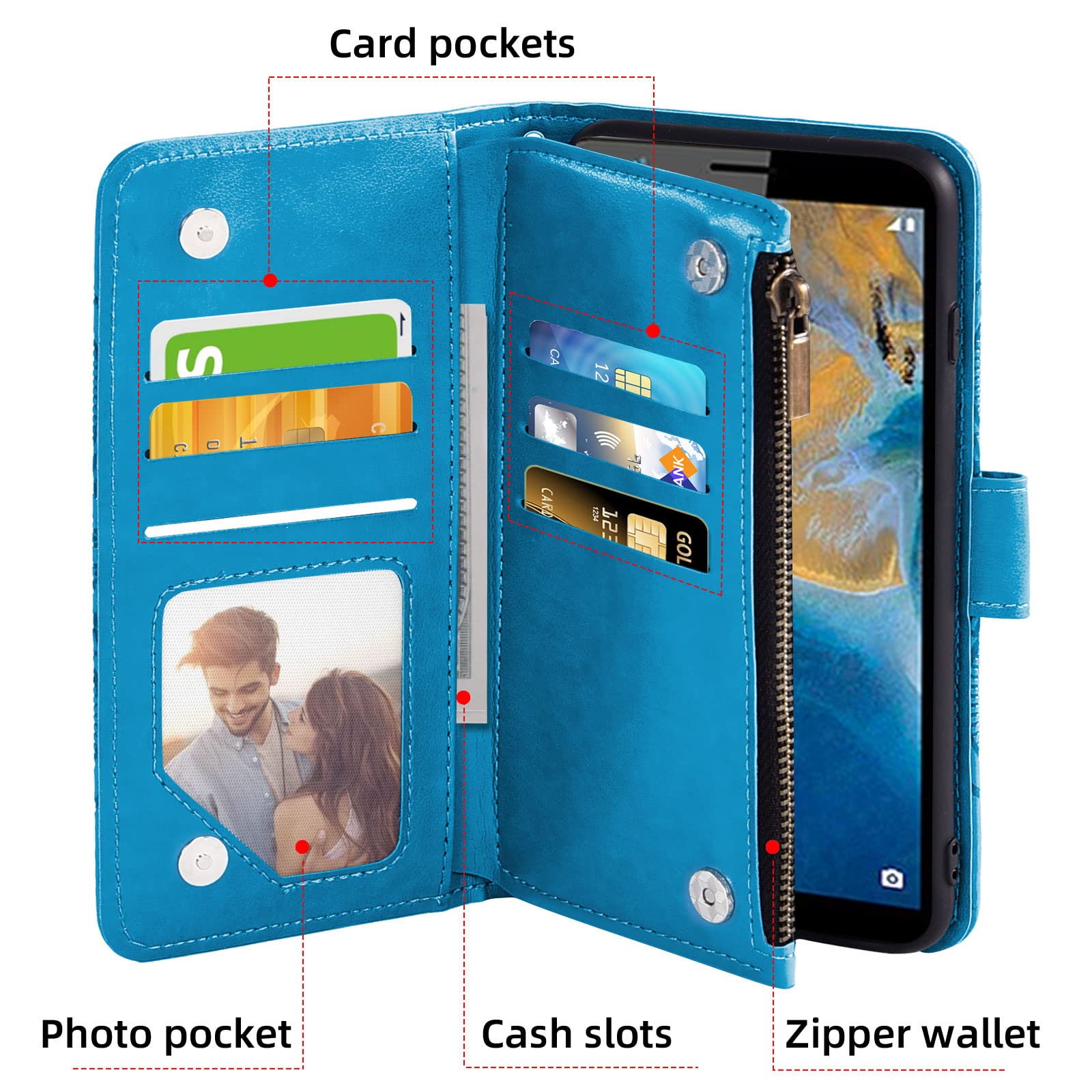 Asuwish Phone Case for ZTE Blade A31/Avid 589 Z5158 Wallet Cover with Tempered Glass Screen Protector and Flower Leather Flip Credit Card Holder Stand Purse Wrist Strap Cell Accessories Women Men Blue
