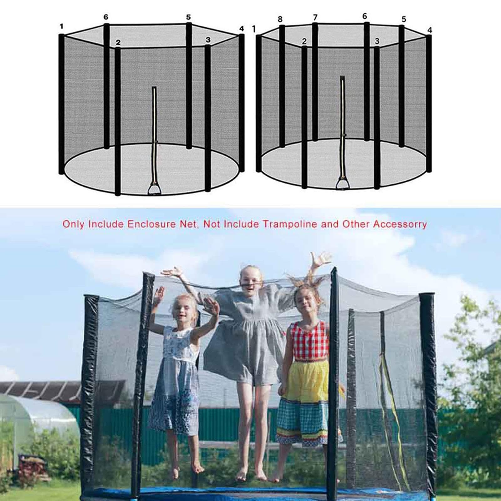 Red de repuesto para cama elástica – Red de protección para camas elásticas, red de nailon para trampolín | Red de repuesto resistente a la intemperie, soportes arqueados con postes rectos,