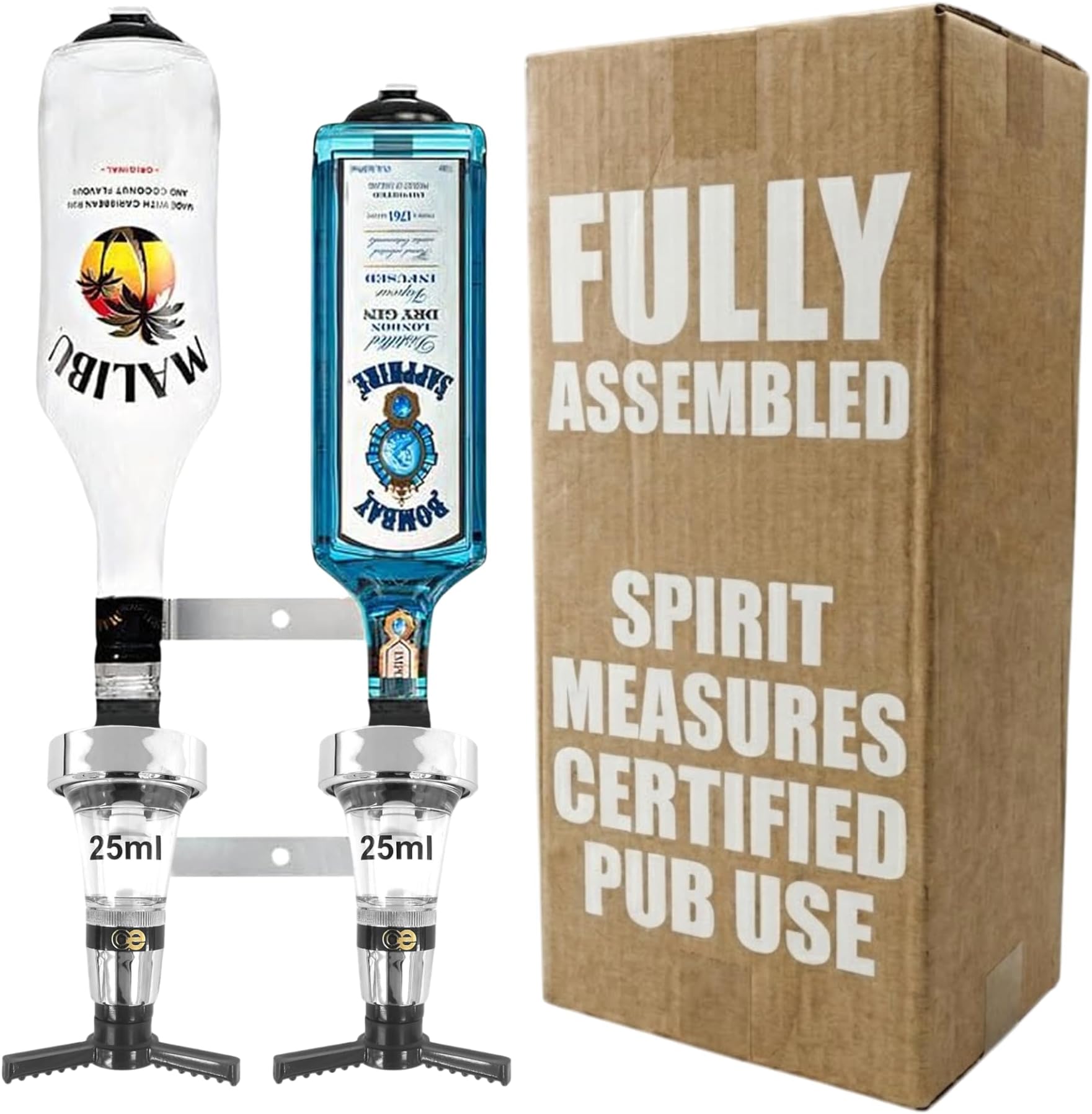 Chabrias Ltd Traditional 2 Bottle Wall Bar Rail + 25ml Chrome Optics UK Made, Fully Assembled Metal Bracket & Pub Trade Compliant Traditional Spirit Optic, Fits 70cl–1.5L Bottles