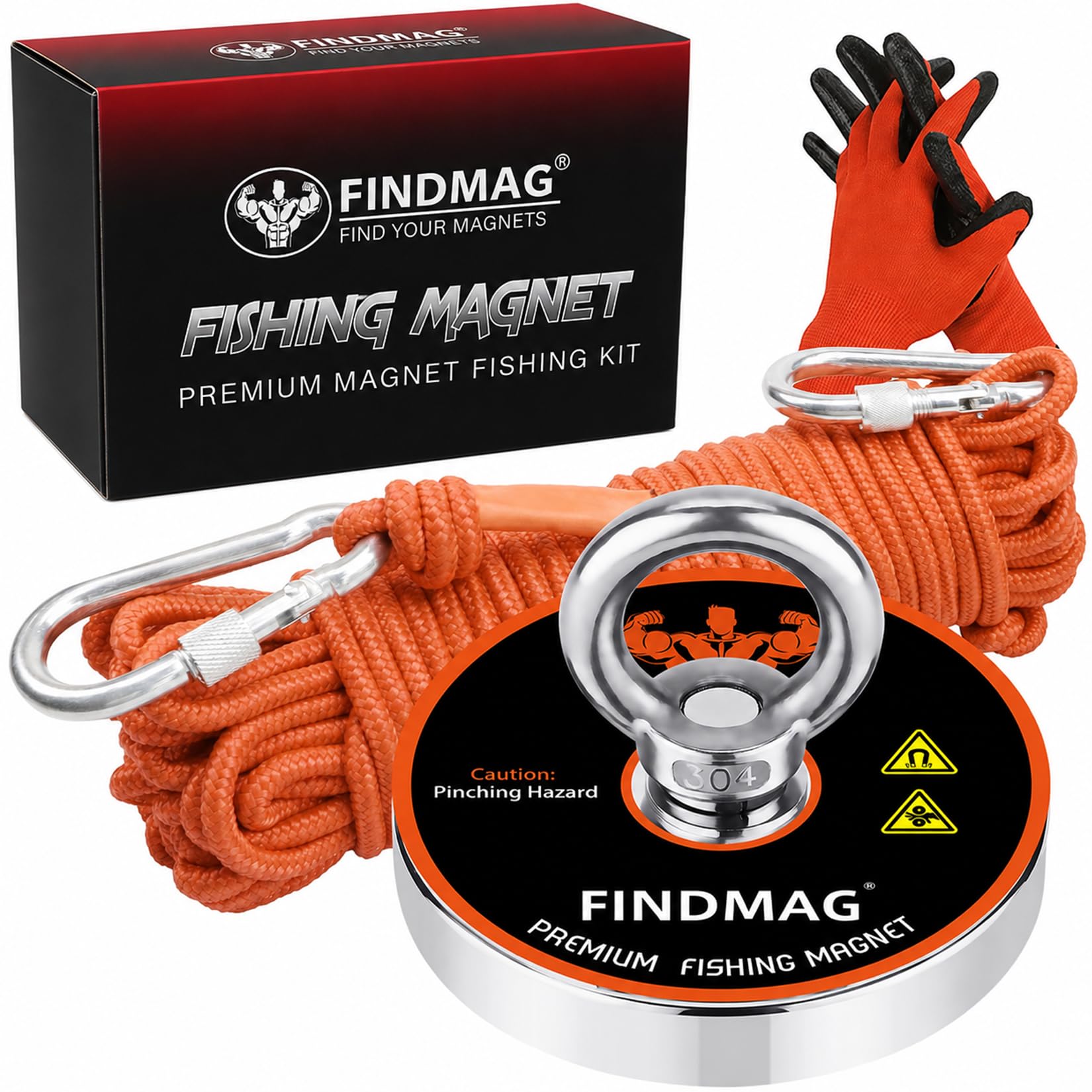 FINDMAG Kit de pêche magnétique, Aimant de pêche puissant de 600 lb (273 kg) avec corde durable de 20 m et gants de protection, Pour la pêche à l'aimant et le sauvetage en rivière - 75 mm de diamètre