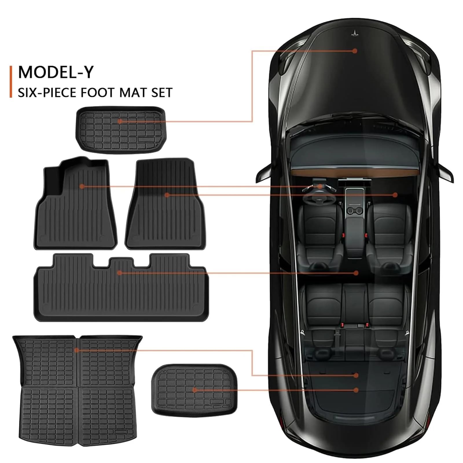 6 pezzi GAFAT Tesla Model Y 2021-2023 2024 Tappetini per bagagliaio + tappetini per auto, tappetini all-weather in TPE per bagagliaio e pavimento, alta anta Scansione 3D originale Model Y tappetini