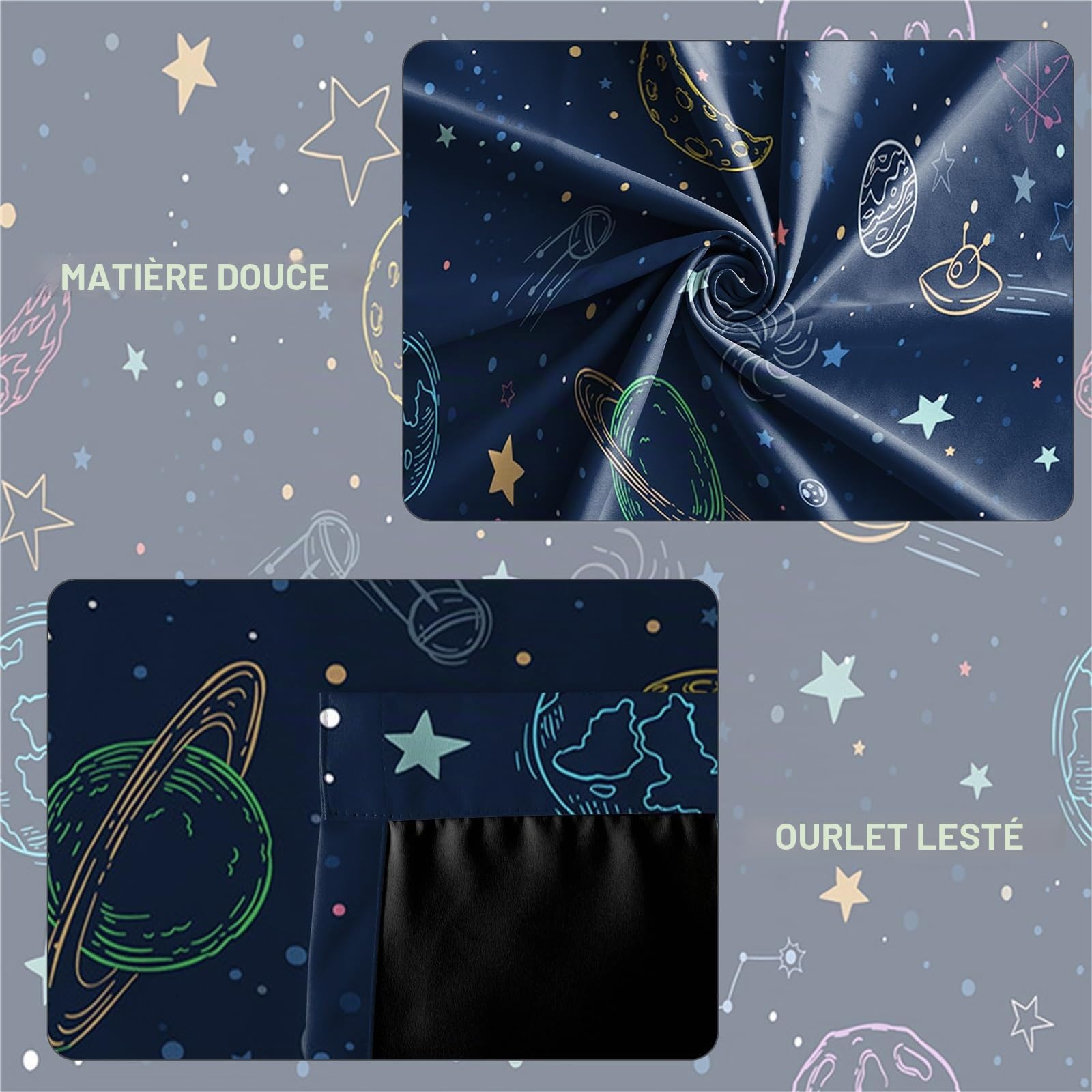 Rideaux occultants Bleu Marine 117x229cm, Motif étoiles et planètes, Style Galaxie, pour Chambre d'enfant, décoration de fenêtre, Isolation Thermique, 2 Panneaux