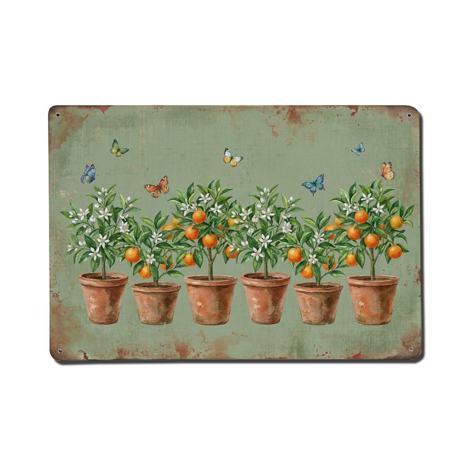 Vintage Rustic Flower Potted Plants Citrus Metal Tin Sign