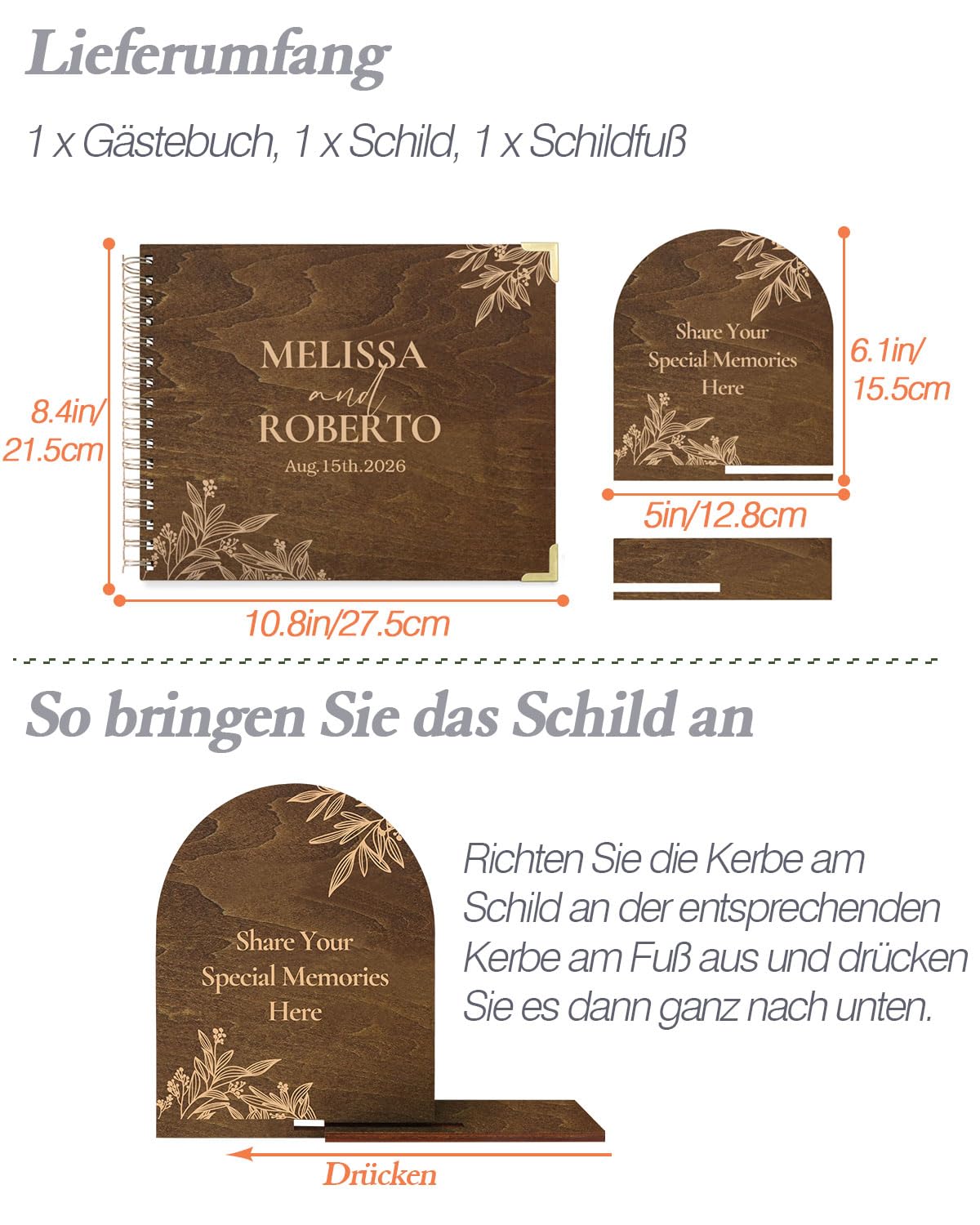 Personalisiertes hölzernes Gästebuch mit Tischschild, 100 leere Seiten, 27,4 x 21,3 cm, Spiralbindung, Polaroid-Schild im Buch für Hochzeit, Party, Jahrestag, Beerdigung, Geburtstag