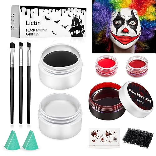 Lictin SFX - Kit de maquillaje de payaso para Halloween, pintura corporal blanca, negra y roja + gel de sangre falso, kit de pintura facial activada