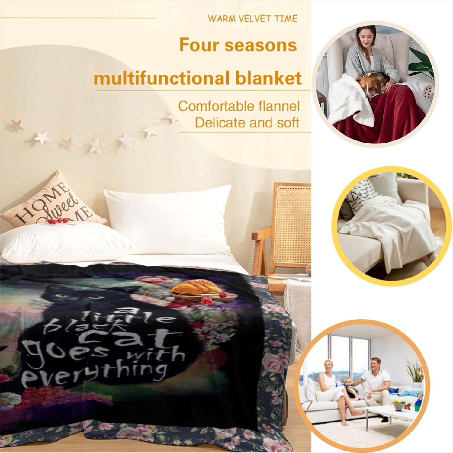 Black Cat Throw Bedroom Accessories Flannel Blanket, Soft Warm Four Seasons Bed Throw Air Conditioning Blanket Sofa Quilt (80''X60'', Black Cat)