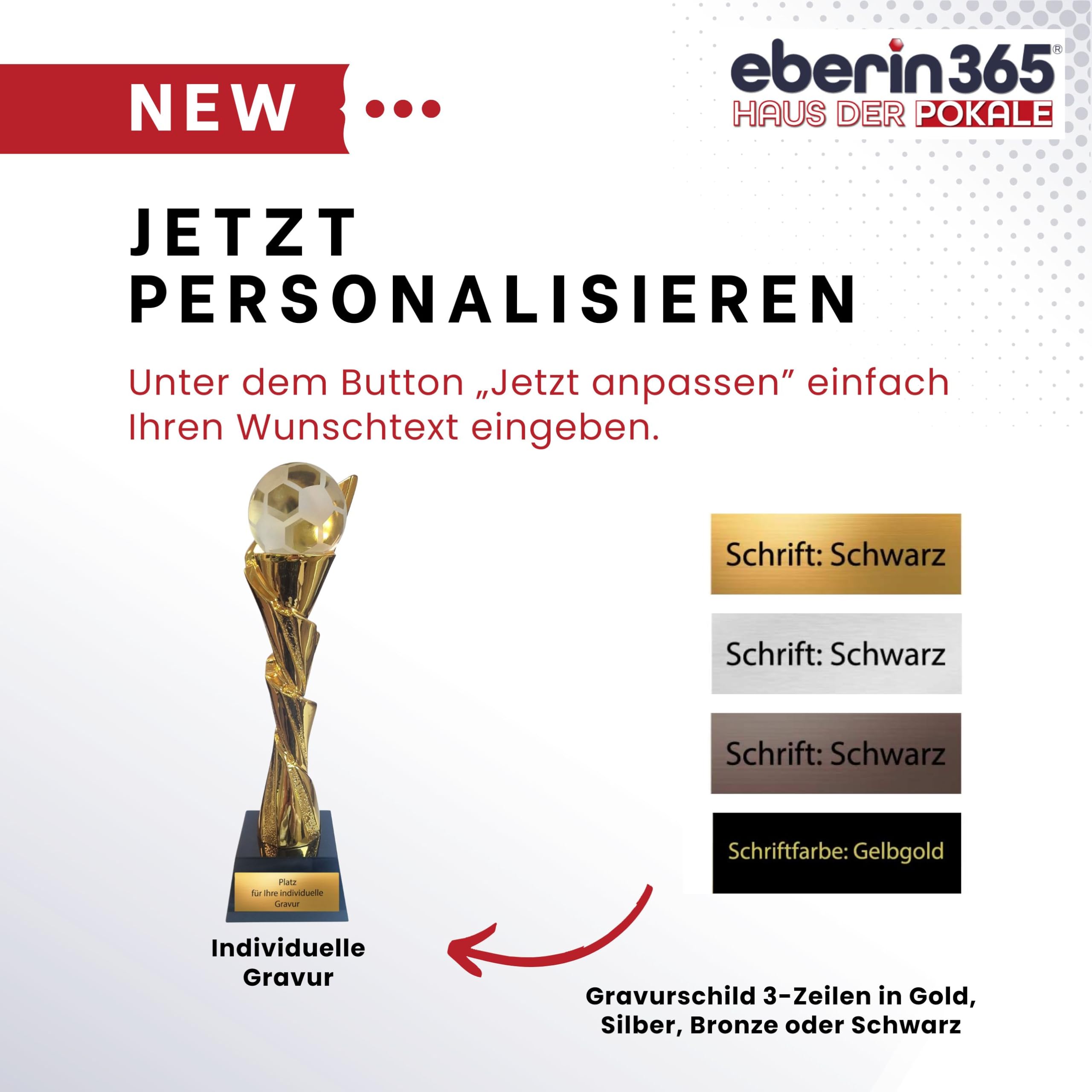 Fußball Pokal 27,5 cm mit Glasball auf Glassockel – edle Trophäe mit Goldener Säule aus schwerem Resin – hochwertiger Award mit Gravurschild für Vereine Turniere & Siegerehrungen