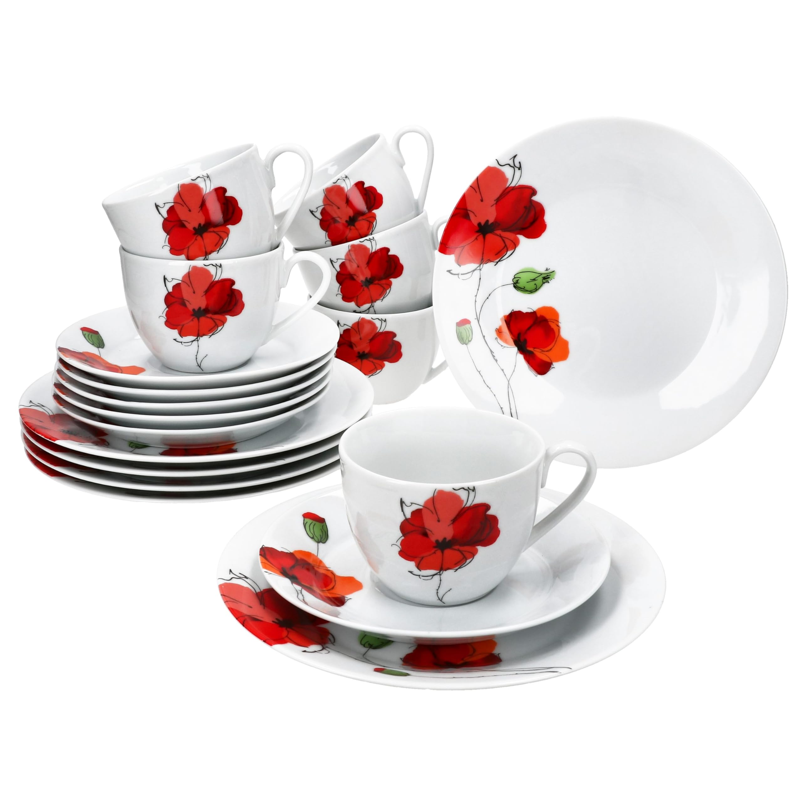 MamboCat Mona Service à café 18 pièces - En porcelaine florale avec décor coquelicot en blanc et rouge - Pour 6 personnes - 6 tasses à café de 160 ml - Soucoupes et assiettes à gâteau pour