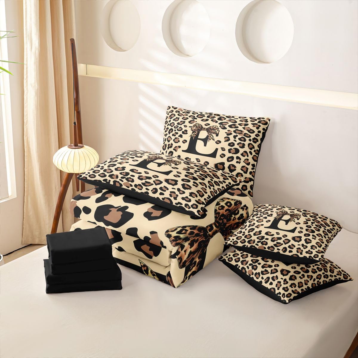 Loussiesd Set di biancheria da letto con copripiumino e lenzuola, 7 pezzi, per letto singolo, con stampa leopardata e fiocco