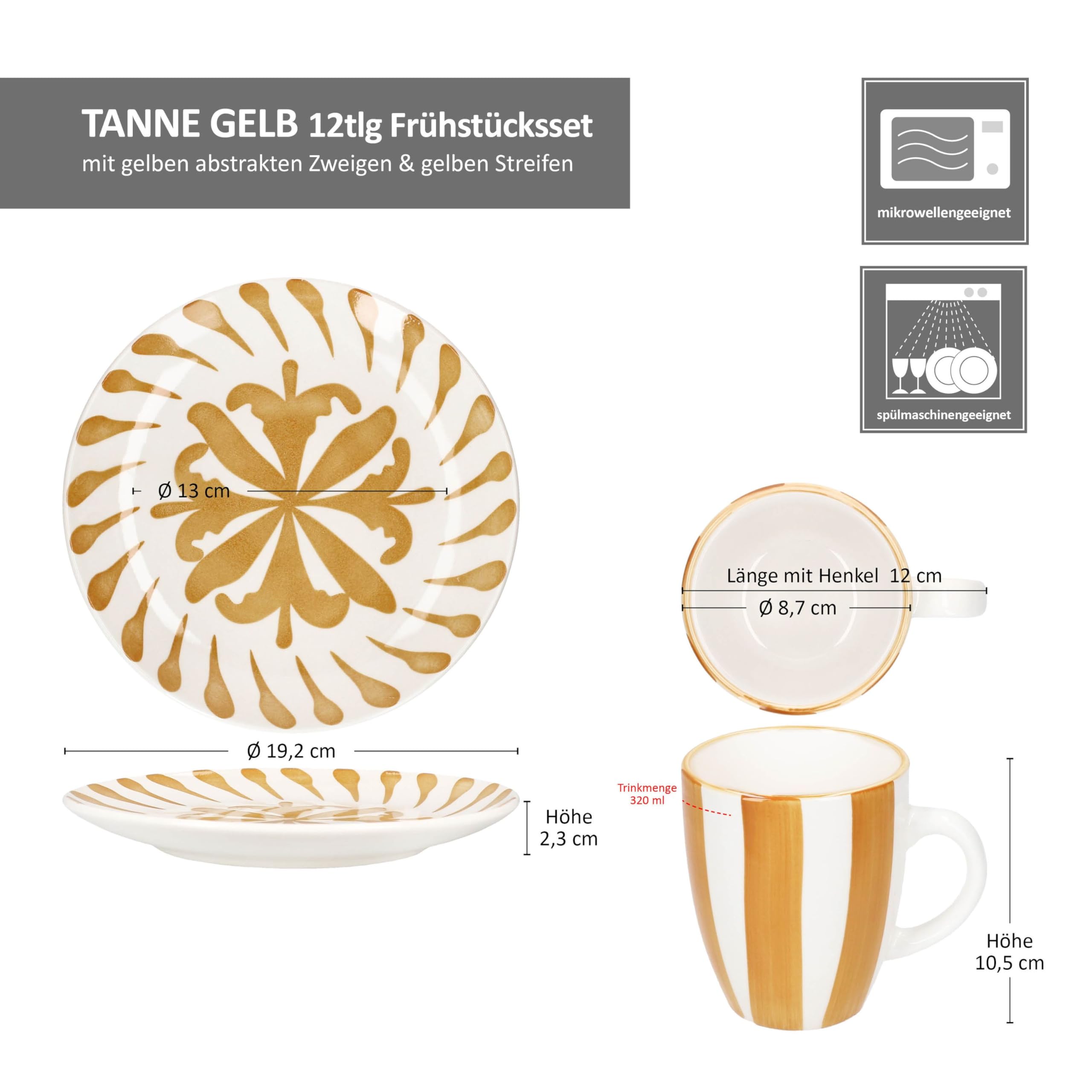 MamboCat Service de petit-déjeuner 12 pièces jaune sapin I 6 petites assiettes à petit-déjeuner et 6 tasses à café pour 6 personnes avec branches et rayures I Noël