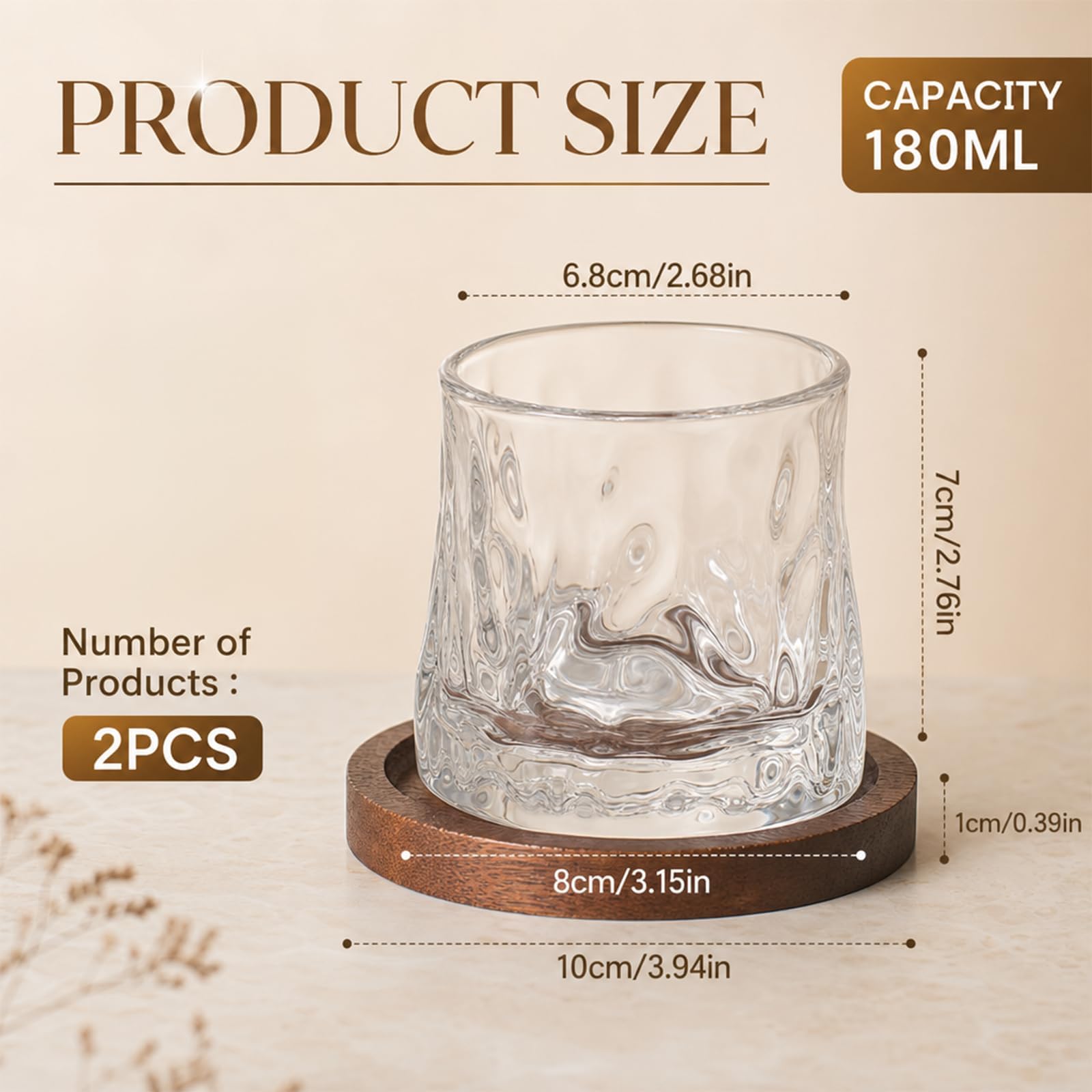 Obrotowe szklanki do whisky 180 ml, zestaw 2 szt. z podstawkami, szkło obrotowe o wysokiej przejrzystości, młotkowany wzór, do whisky, rumu, bourbona, koniaku, prezent dla mężczyzn