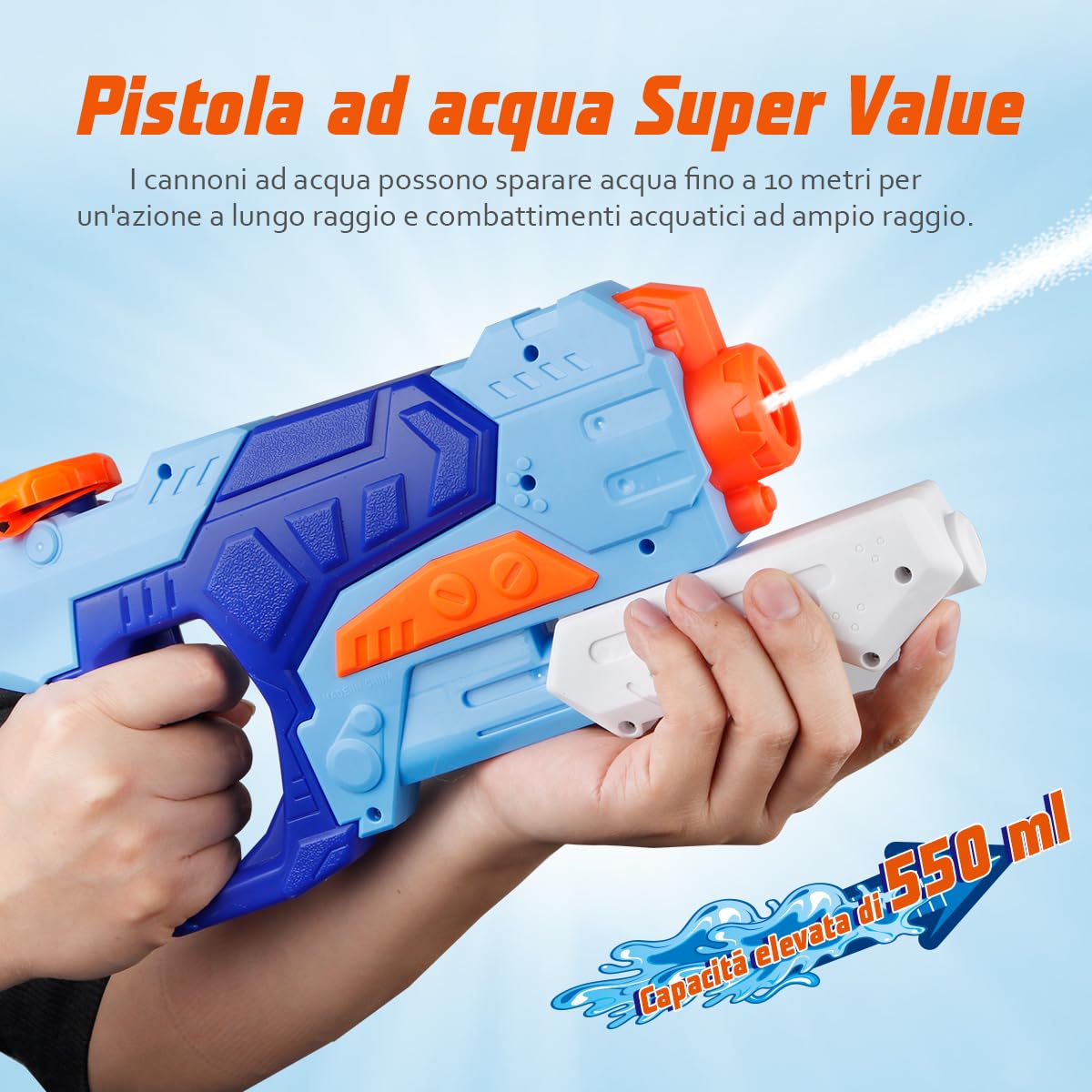 D-FantiX 2 Pistola ad acqua per bambini, pistola ad acqua con capacità di 550 ML, pistola ad acqua a lunga gittata di 10 metri, giocattolo ad acqua per piscina e spiaggia per bambini e adulti