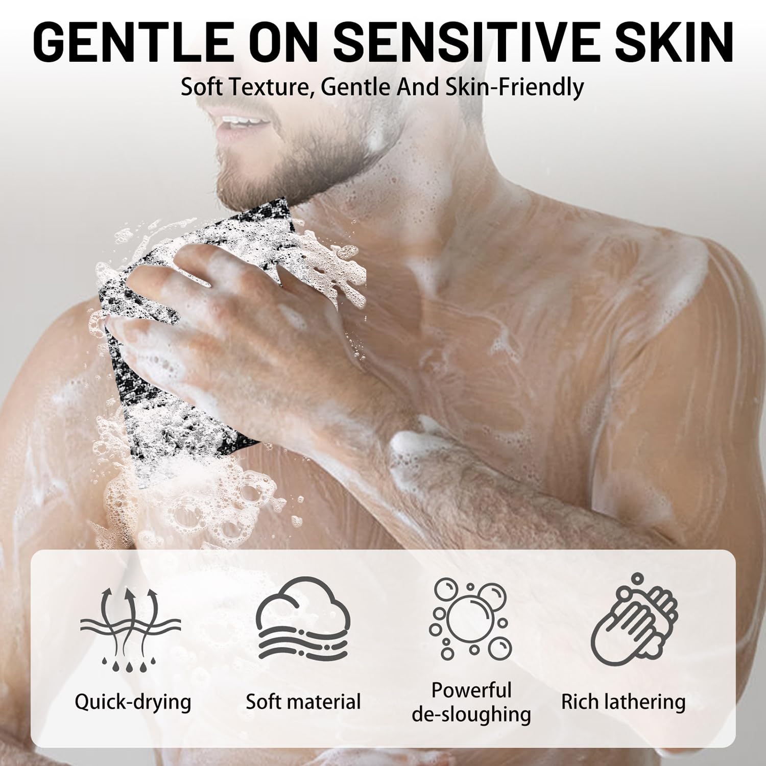 Lot de 3 Serviettes Exfoliantes, Serviette de Douche Antibactérienne Longue, Gommage du Corps pour Homme et Femme, Élimination des Peaux Mortes, Noir