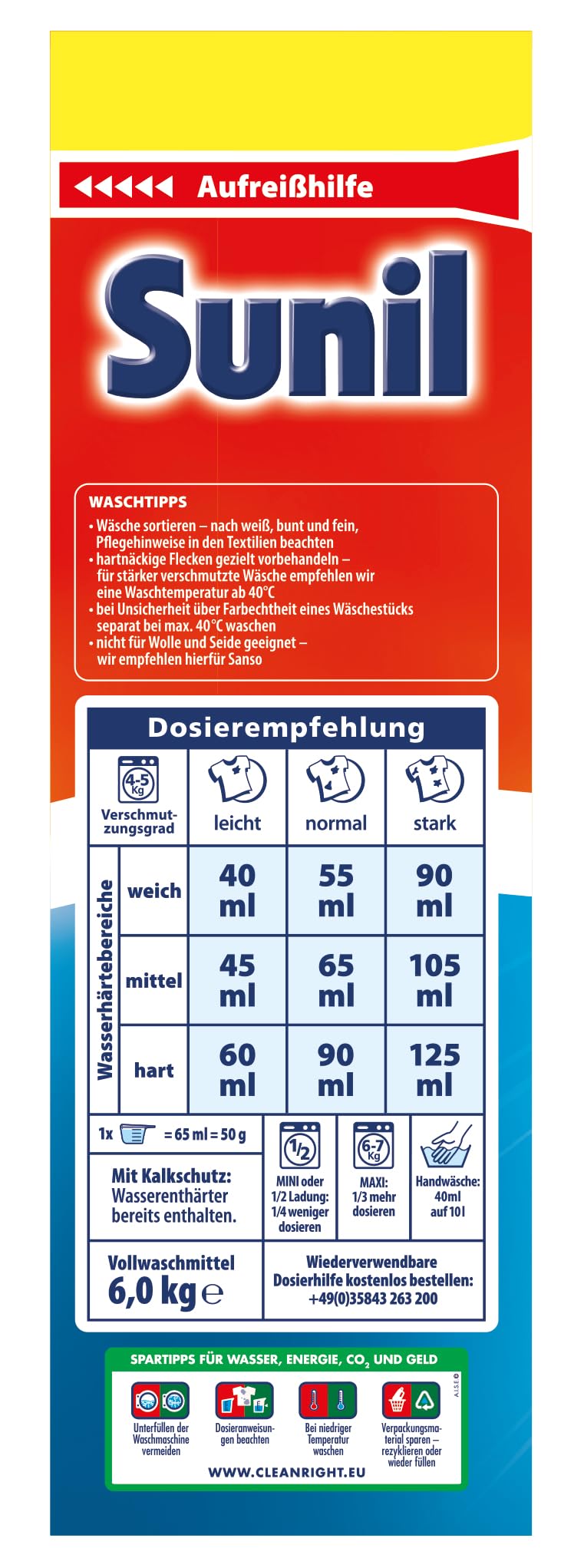 Sunil aktiv Pulver - Vollwaschmittel - für 120 Wäschen - Flecklösekraft, hautverträglich, mikroplastikfrei, vegan - 6 kg