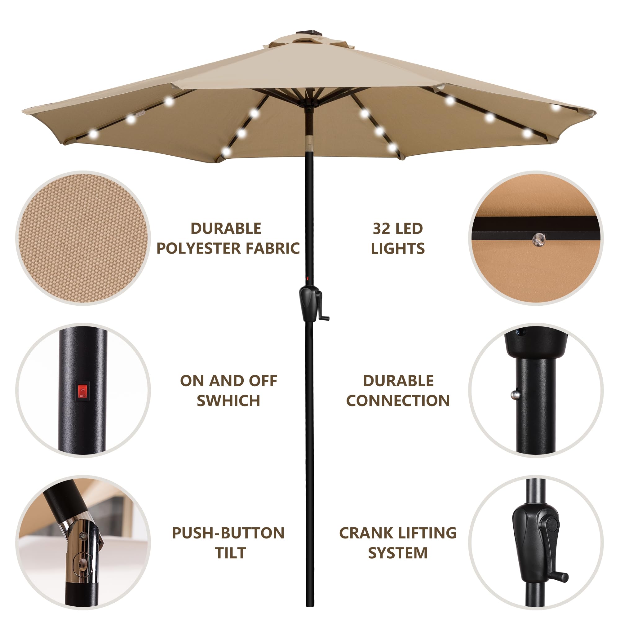 Sun-Ray 9' Round Patio Umbrella with 32 Solar Powered LED Lights, Push-Button Tilt and Hand Crank Lift, Solar Umbrella in Taupe for Porch, Deck, and Patio