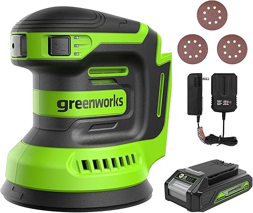 Greenworks Kit de lijadora orbital de 24 V, lijadora aleatoria de 5 pulgadas, velocidad variable, batería de 2 Ah y cargador incluidos