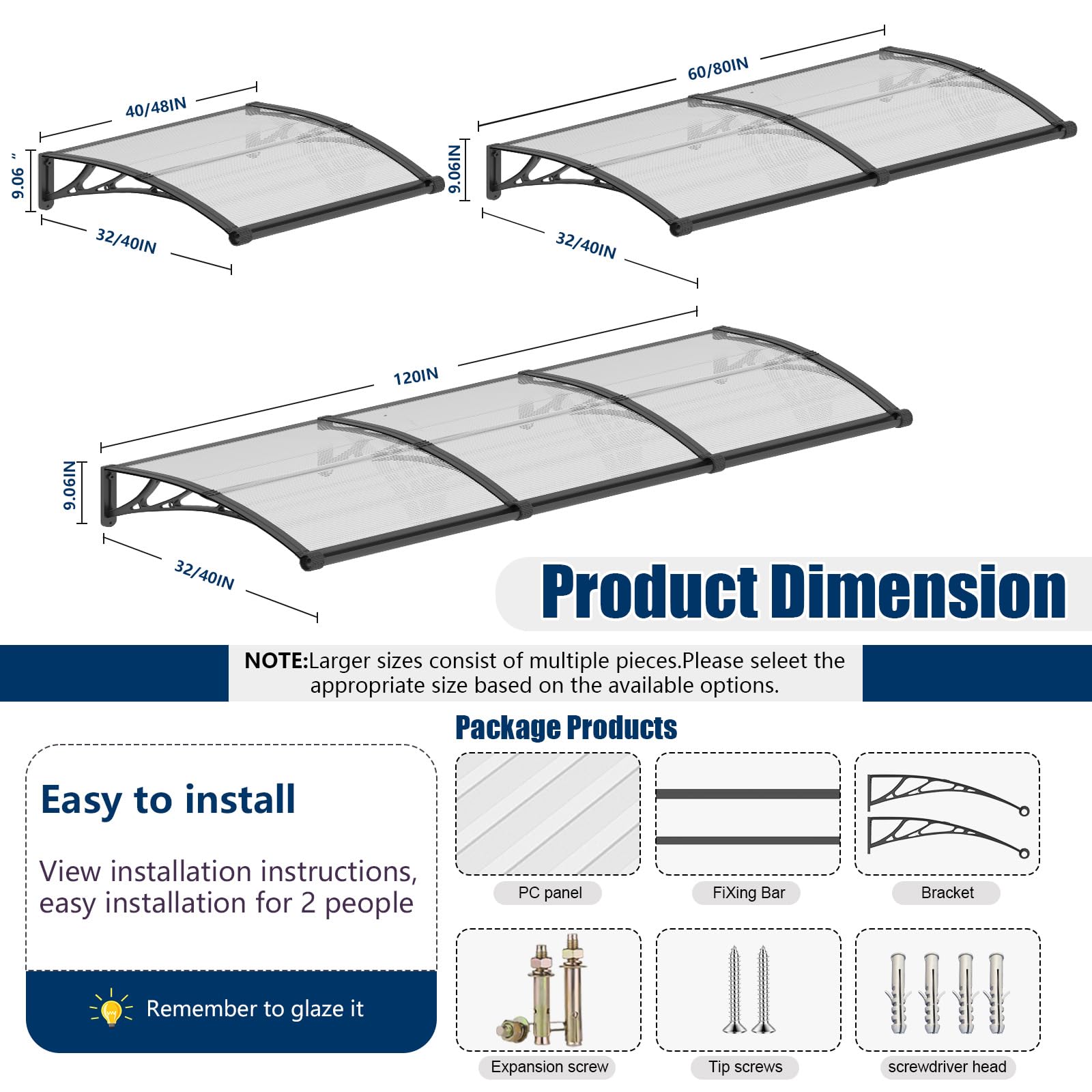 Marquesina Puerta Exterior, 200x100 cm Techo Exterior Lluvia UV/Resistencia a Vientos/Nieve, toldo con Sistema de Drenaje de Policarbonato para Tejado, Porche, Terrazas, Ventana