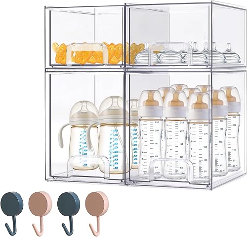 Baby Bottle Organizer-4 Pack Stackable Storage Drawers, Baby Organizers and Storage with Hooks, Clear Acrylic Multipurpose Bottle Storage for Countertop,Kitchen,Cabinet,Vanity,Bathroom