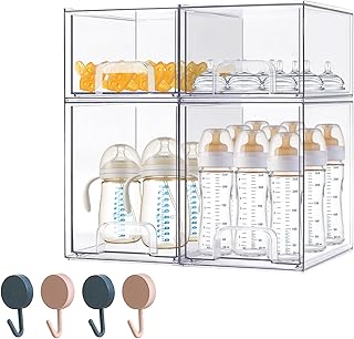 zebrater Baby Bottle Organizer-4 Pack Stackable Storage Drawers, Baby Organizers and Storage with Hooks, Clear Acrylic Mul Price In India