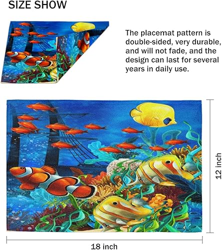 Miniatura 4 de Juego de 4 manteles individuales con diseño de pez océano, lavables, impermeables, para decoración de mesa de comedor, 18 x 12 pulgadas